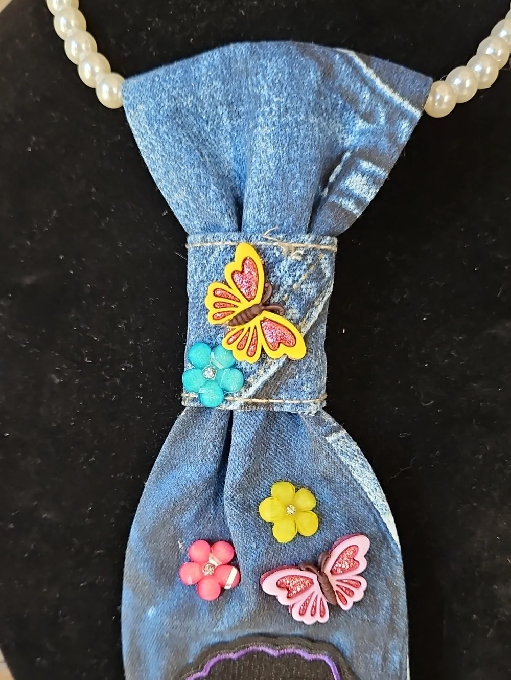 Kids Custom made Denim Tie with Colorful Butterflies & 'Black Princess' Patch
